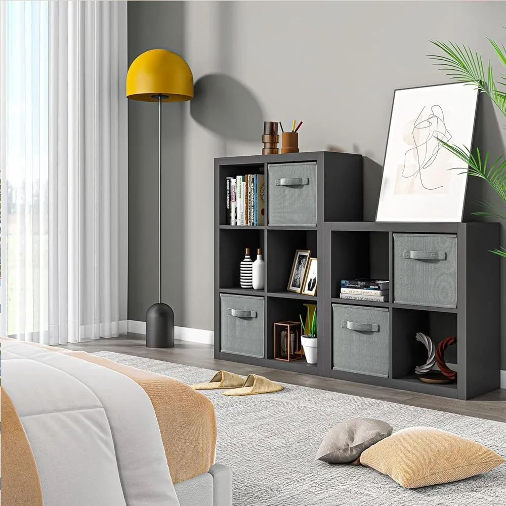 

Bookshelf with Storage Bins, 6 Cube Storage Organizer, Modern Wood Bookcase, Multifunctional Display Shelf for Living Room