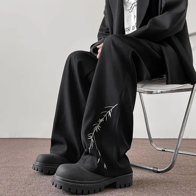 

Новые модные брендовые брюки из ледяного шелка в китайском стиле с бамбуковой вышивкой, мужские летние драпированные повседневные прямые брюки