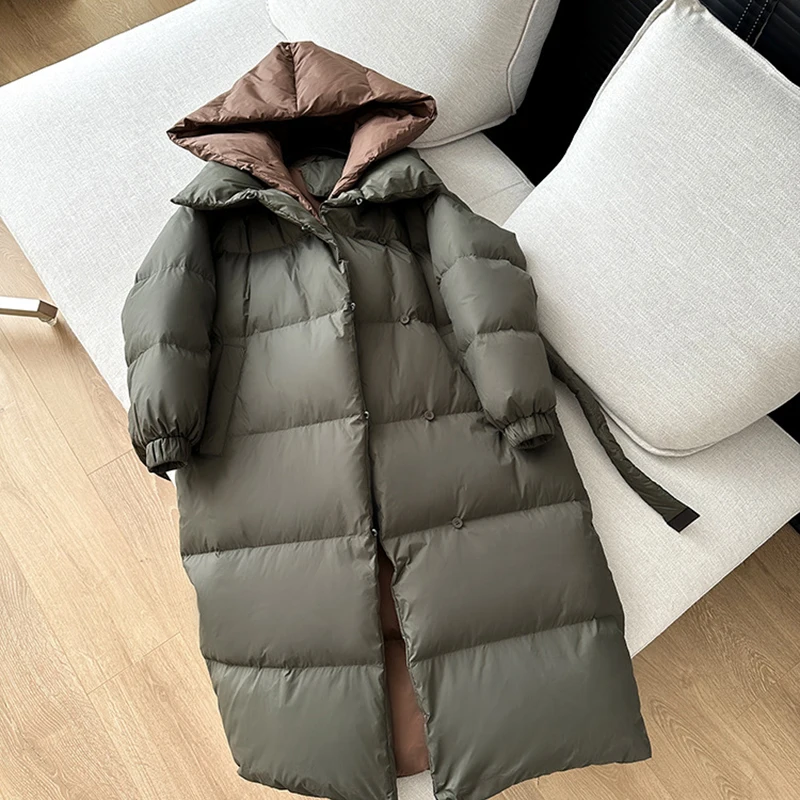 Thicken Warm Long Down Jacket Fashion Women 90 White Duck Down Puffer Parka Coats Removable Hood Winter Snow Outwear Female