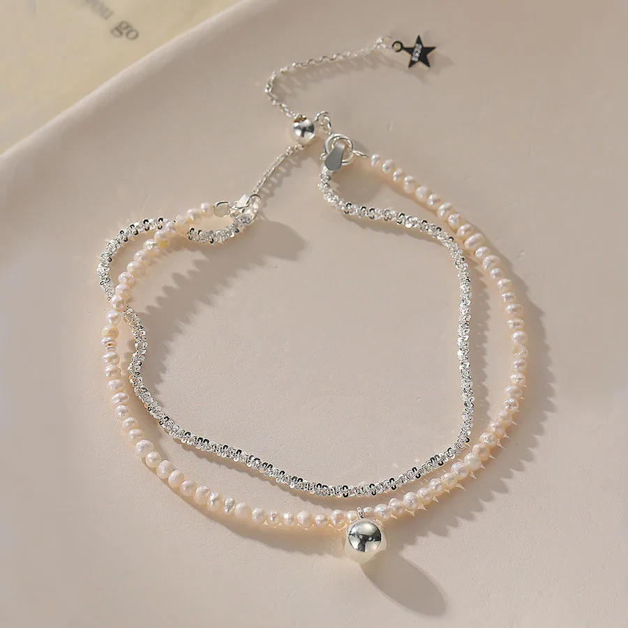 VENTFILLE 925 Sterling Silver Star Love Heart Pendant Round Bead Pearl Bracelet For Girls Sweet Romantic Style Gifts For Lovers
