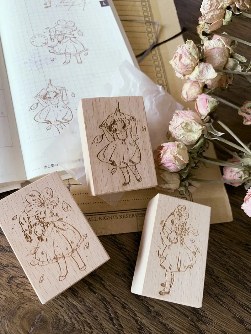 Vinage The Love Of Sakura Doll Girl Wooden Rubber Stamp for DIY Scrapbooking Photo Album Card Making