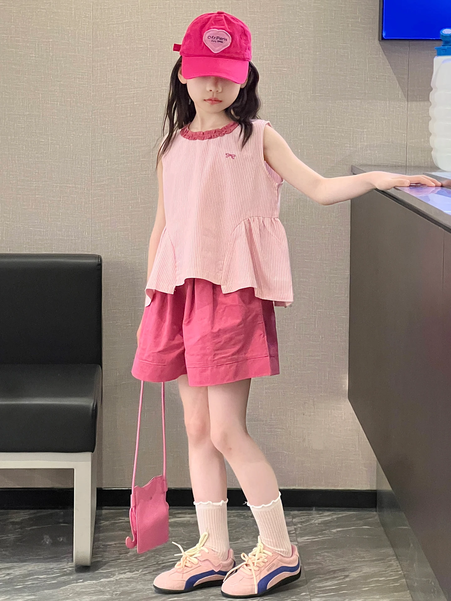 girls-summer-outfit-short-sleeve-petal-collar-doll-shirt-and-shorts-set-casual-style-children's-clothing-breathable-thin-mate