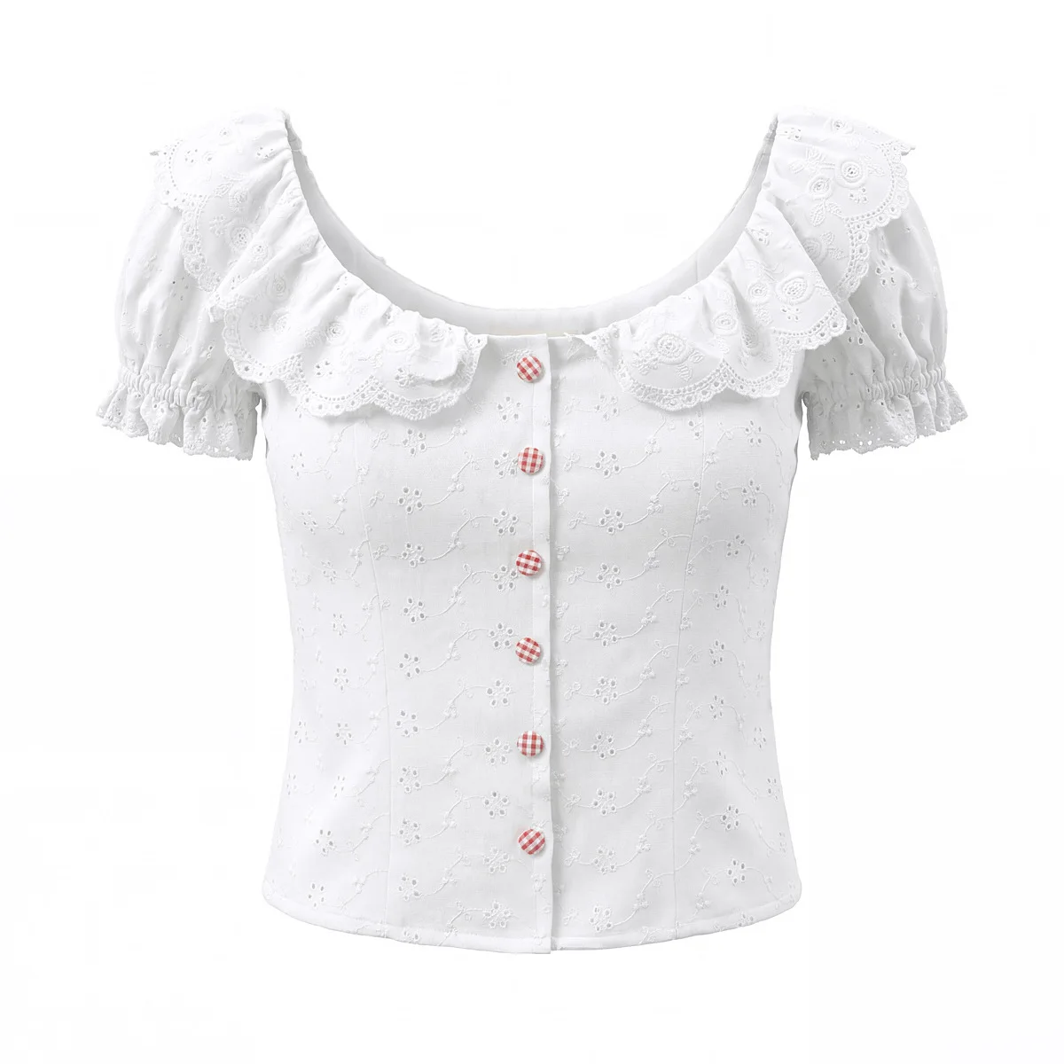

White Top For Women Square Neck With Ruffled Trim Puff Short Sleeves Slim Fitted For Summer Picnics Casual Trendy Holiday RQP5