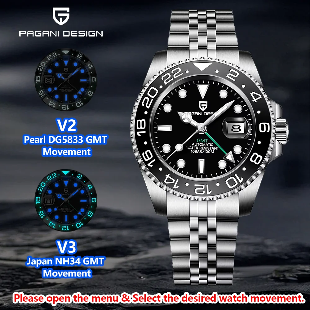 PAGANI DESIGN Original 40MM Men GMT Dive Automatic Mechanical Watches Japan NH34 Luxury Stainless Steel 100M Waterproof Watch