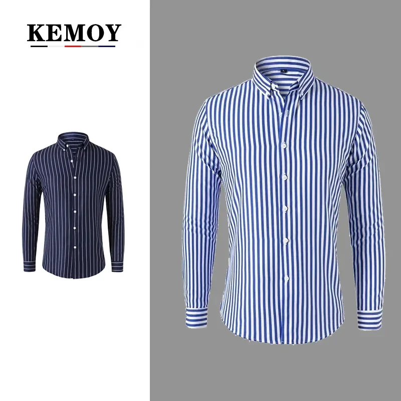 NEW Men\'s Long Sleeve Blue White Striped Shirt Dress Fashion Standard-fit Button Down Shirts Blouse