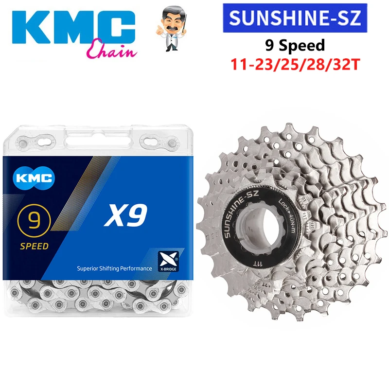 SUNSHINE 9 Speed Road Bike Cassette Sprocket 11-23T/28T/32T X9 9V Original Bicycle Chains Flywheel Kit Parts