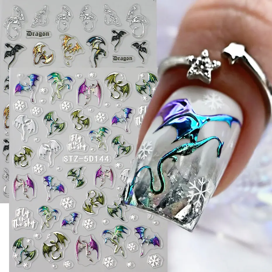 1/2PC 5D Y2K Embossed Dragon Nail Sticker Gradient Metallic Flying Dragon Snowflake Decals Charming Punk Halloween Nail Supplies