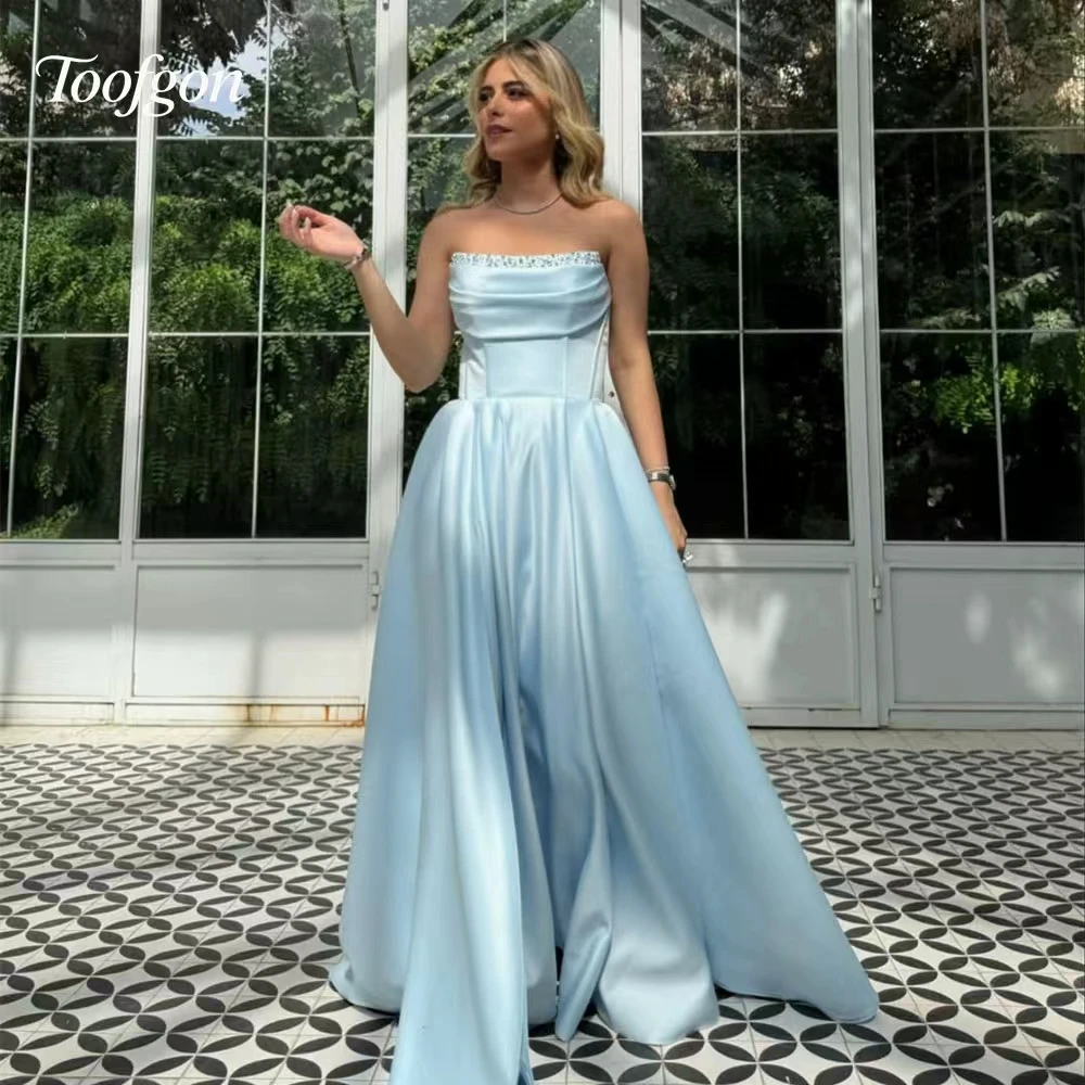 Toofgon Sky Blue Beadings Satin Evening Dresses Draped A Line Customized Corset Back High Slit Party Dress Red Carpet Prom Gown