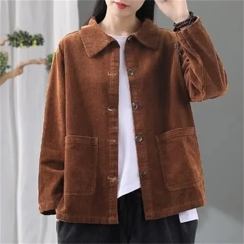 Corduroy Jacket Women's Shirt Spring Autumn New style Retro Long sleeved Loose Korean version High-end Lady Short Windbreaker