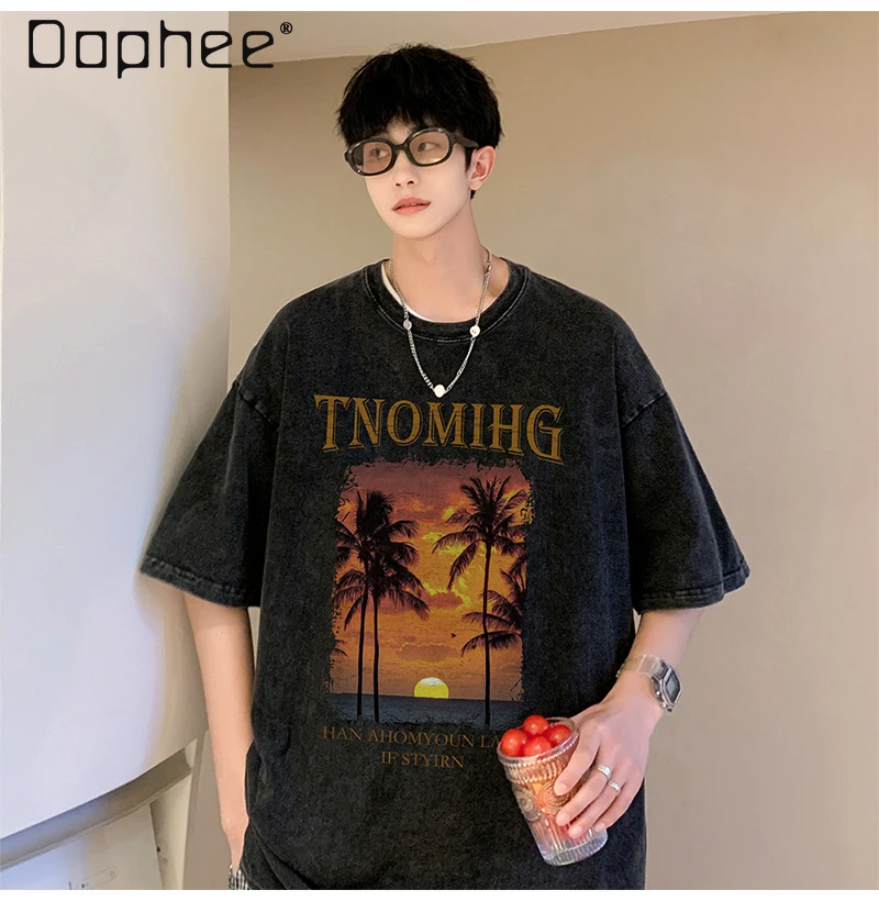 

Лето-осень 2025 г., комплект из потертой футболки с короткими рукавами цвета хаки для мужчин, винтажный свободный повседневный комплект из двух предметов черного и синего джинса