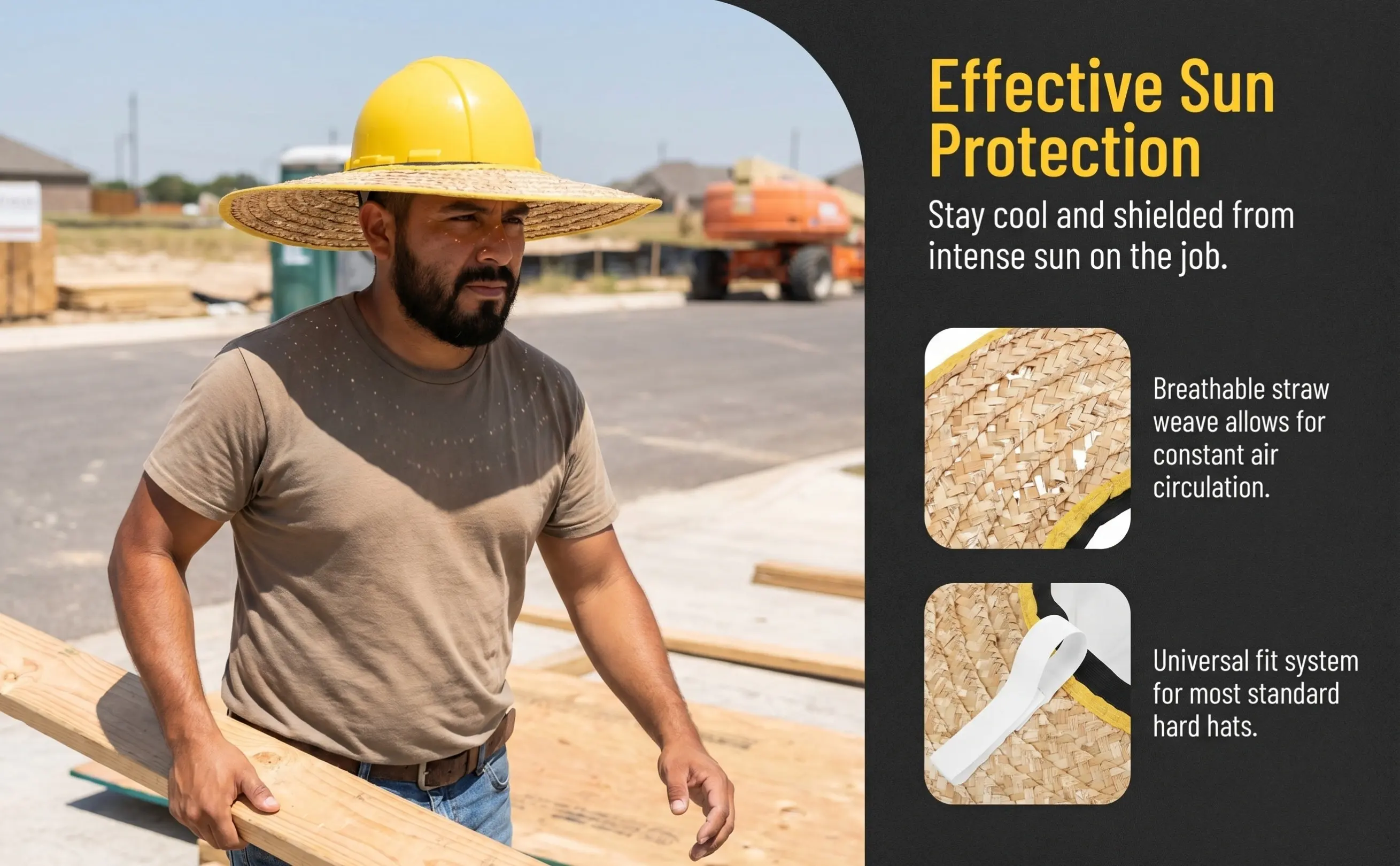Hard Hat Sun Shade Full Brim Straw Visor for Construction Workers Breathable Vented Design Removable Cover Neck Ear Protection