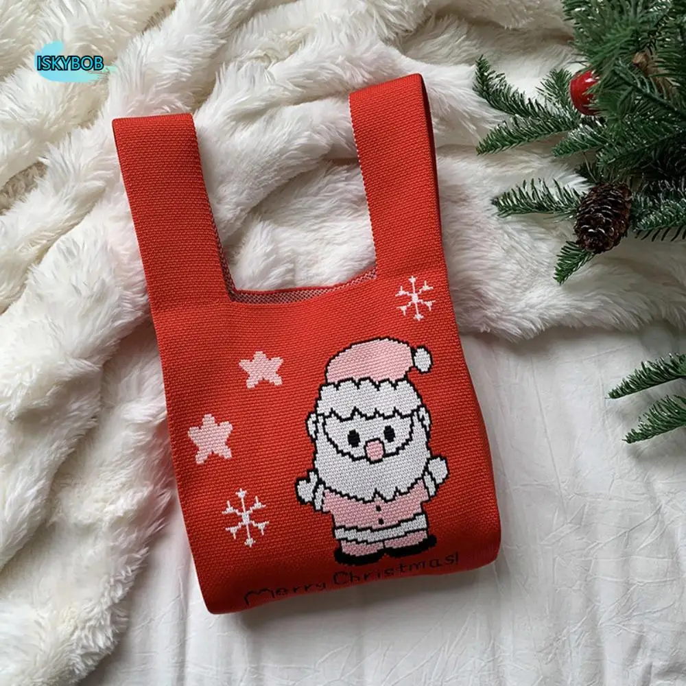 

Portable Christmas Gift Knot Wrist Bag Santa Claus Candy Pouch Christmas Knitted Bag Wool Bucket Bag Weave Tote Bag Student