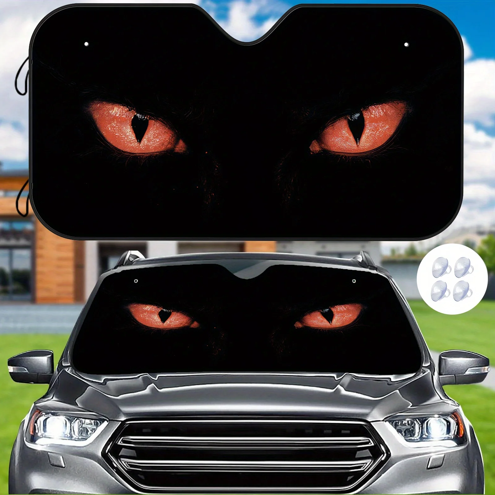 

Eye-Catching Red Eyes Car Sunshade - Excellent Insulation With 4 Free Suction Cups For Cool Interior, Universal Fit, Stylish Des