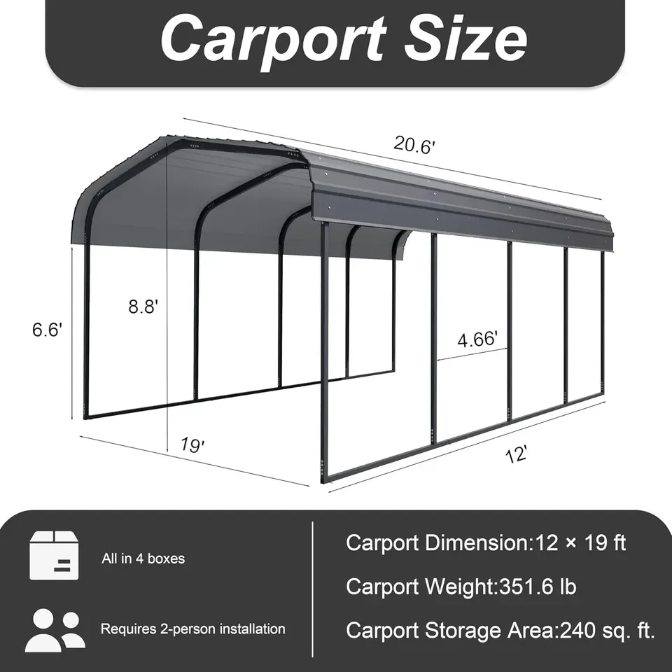 Heavy Duty 12 * 20ft Metal Carport Kit with Galvanized Steel Roof Outdoor Storage Carport with House Steel Structure