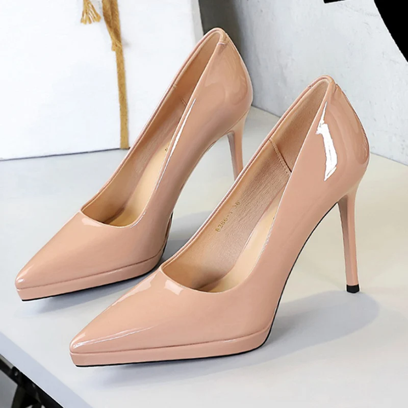 

Women New Cute Pink 1.5cm Platform Pumps Lady Glam Patent Leather 10.5cm High Heels Shoes Female Chic Party Date Dress Shoes