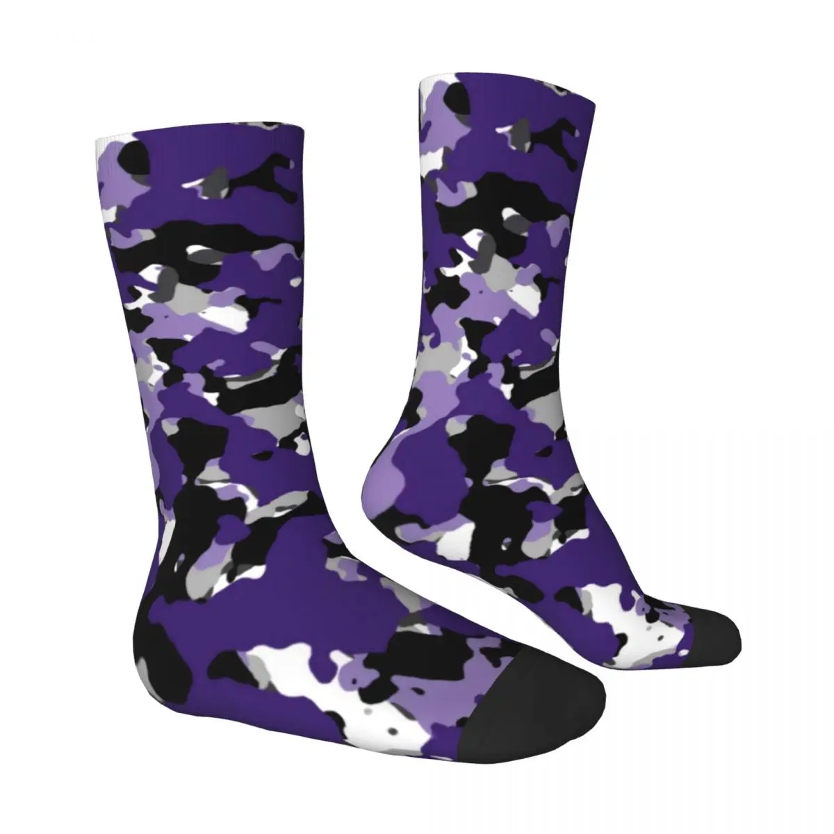 Meias camufladas coloridas, roxo, preto, estampa camuflada, meias góticas, mulheres, homens, meias macias de ciclismo, outono, gráficas, antiderrapantes