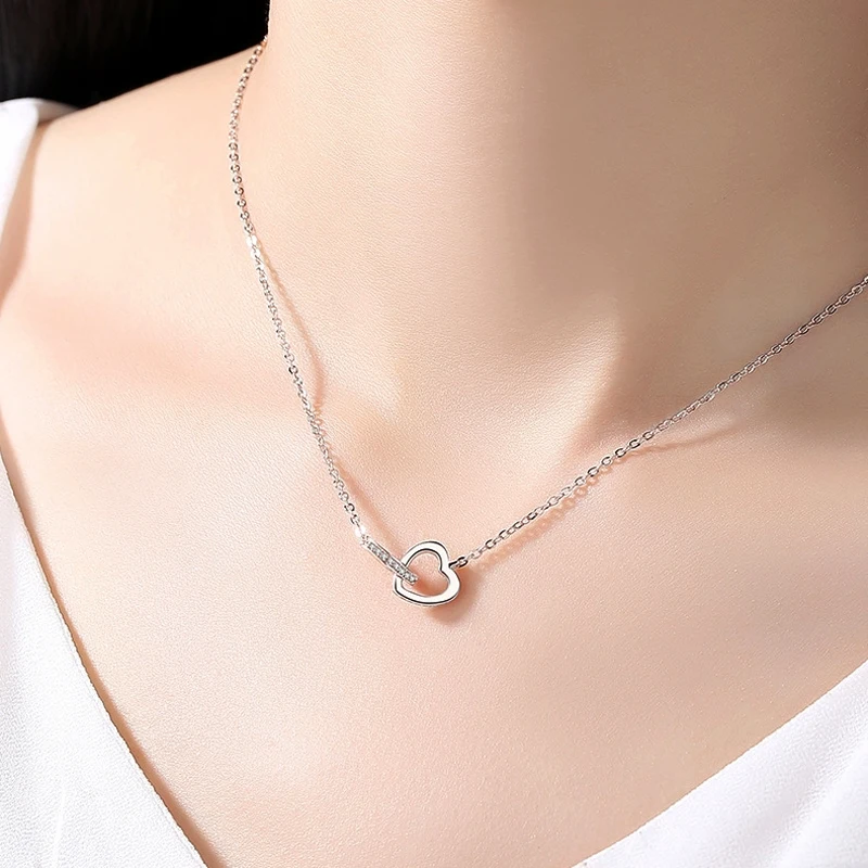 Hot Sale Fashion Double Love Heart Zircon Pendant Necklace 925 Sterling Silver Rose Gold Rhinestone Necklaces Women Jewelry Gift
