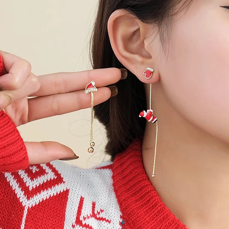 1Pair Asymmetric Snowflake Santa Claus Christmas Boot Hat Drop Earrings For Women Girls Long Tassel Earrings Party Jewelry Gift