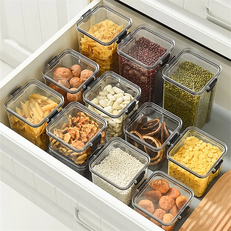 Transparent Storage Box Rectangular Stackable Food Grade Sealed Tank Square Moisture-proof Storage Box Kitchen 450ml 900ml