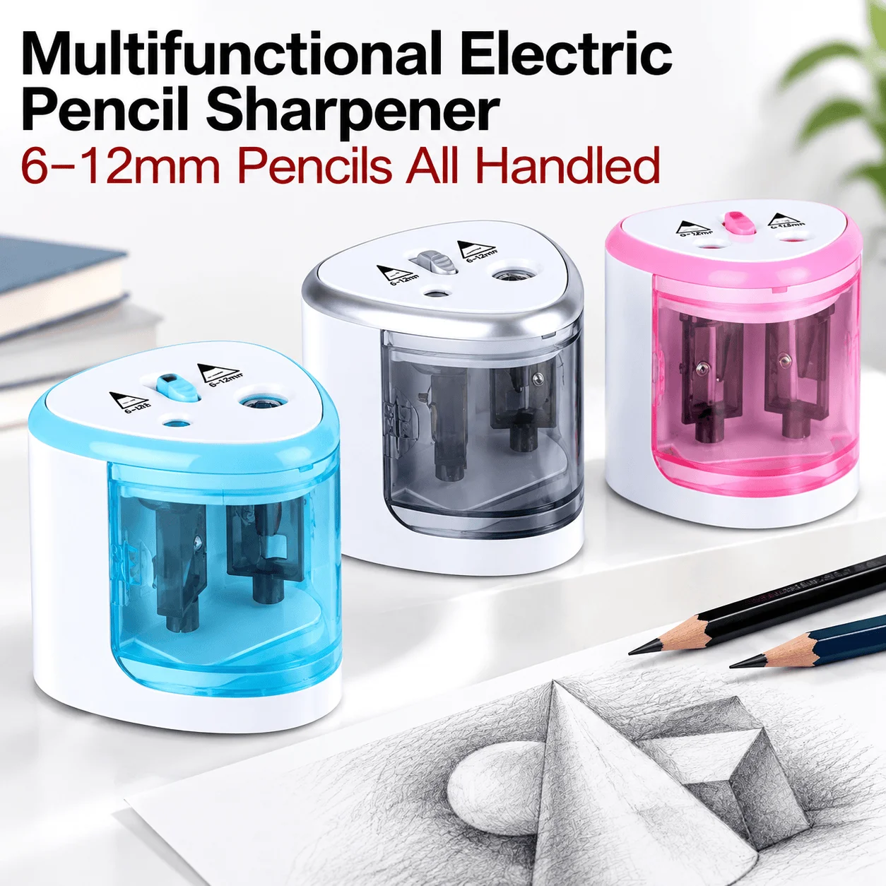 Dual-Hole Electric Pencil Sharpener, 6-8mm and 9-12mm Pencil Openings, Metal Sharpening Insert, Hinged Shavings Cover, Safety-Lock Lid, for Drawing, School, Home and Office Pencil Sharpening, Plastic, 70 x 70 x 75mm, blue, silver or pink