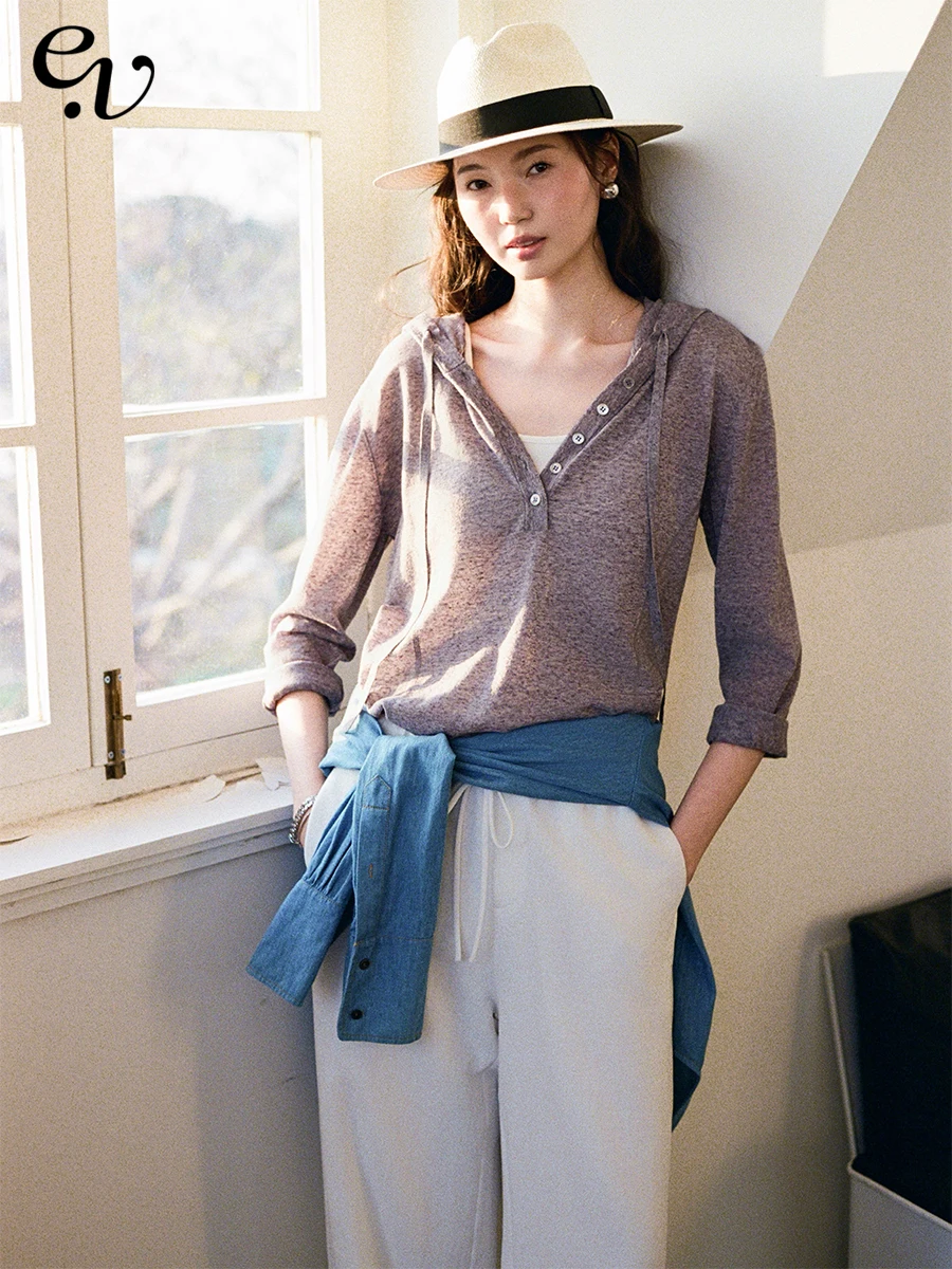 

Легкий вязаный свитер-худи из смесового льна в винтажном стиле, повседневный, с V-образным вырезом, для женщин, весенний, тонкий пуловер-худи