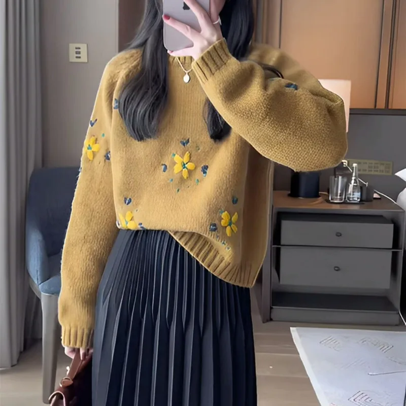 

Пуловер с вышитым цветком, женский дизайн, осенне-зимний вязаный топ в ленивом стиле