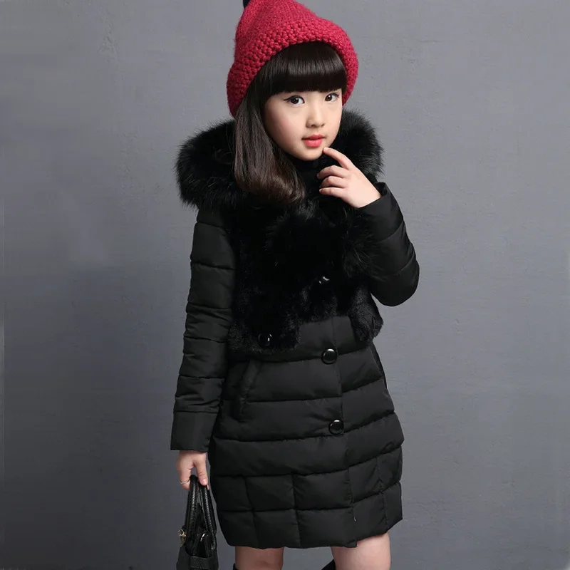 2024 Winter Warm Jackets for Girls 4 6 8 10 11 12 14 Years Old Fashion Fur Hooded Children Baby Outwear Kids Cotton Lined Parkas