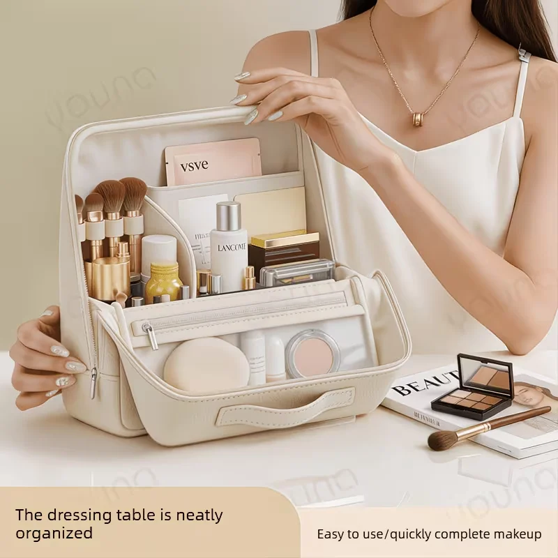 1 trousse de maquillage de voyage de grande capacité, boîte de rangement portable pour cosmétiques, trousse de toilette multifonctionnelle de haute qualité avec poignée