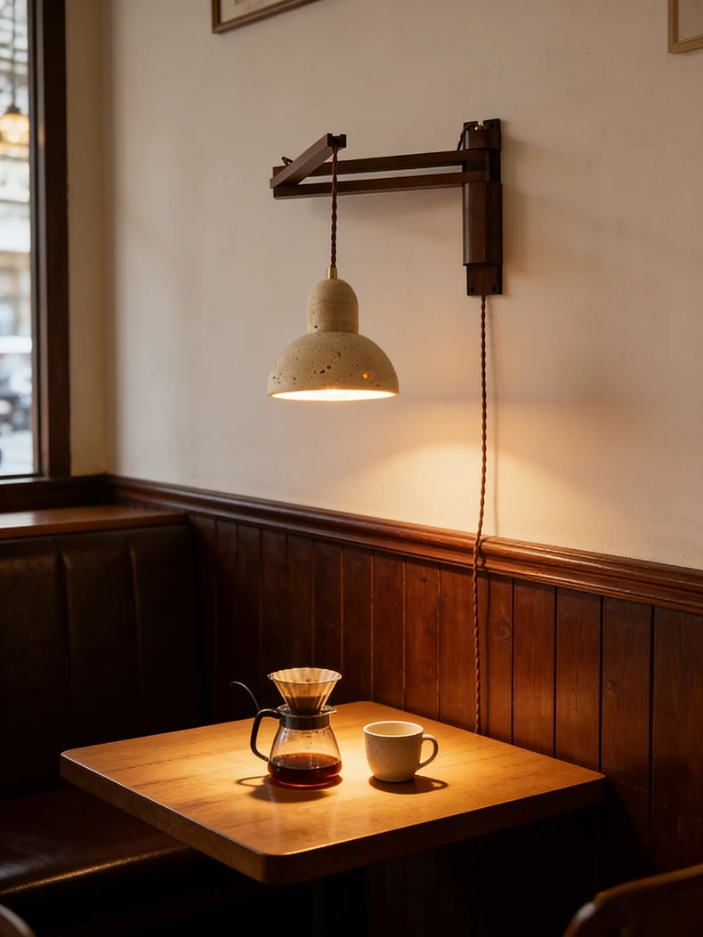 Natural Stone Wall Lamp Wooden Pole Can Rotate Light Reading