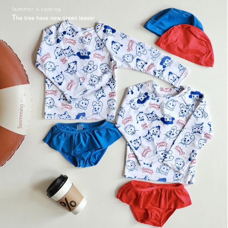 New Summer Kids Girls Split Swimsuit Long Sleeved Sunscreen Swimwear Quick Drying Cartoon Children's Swimming Clothing H6954