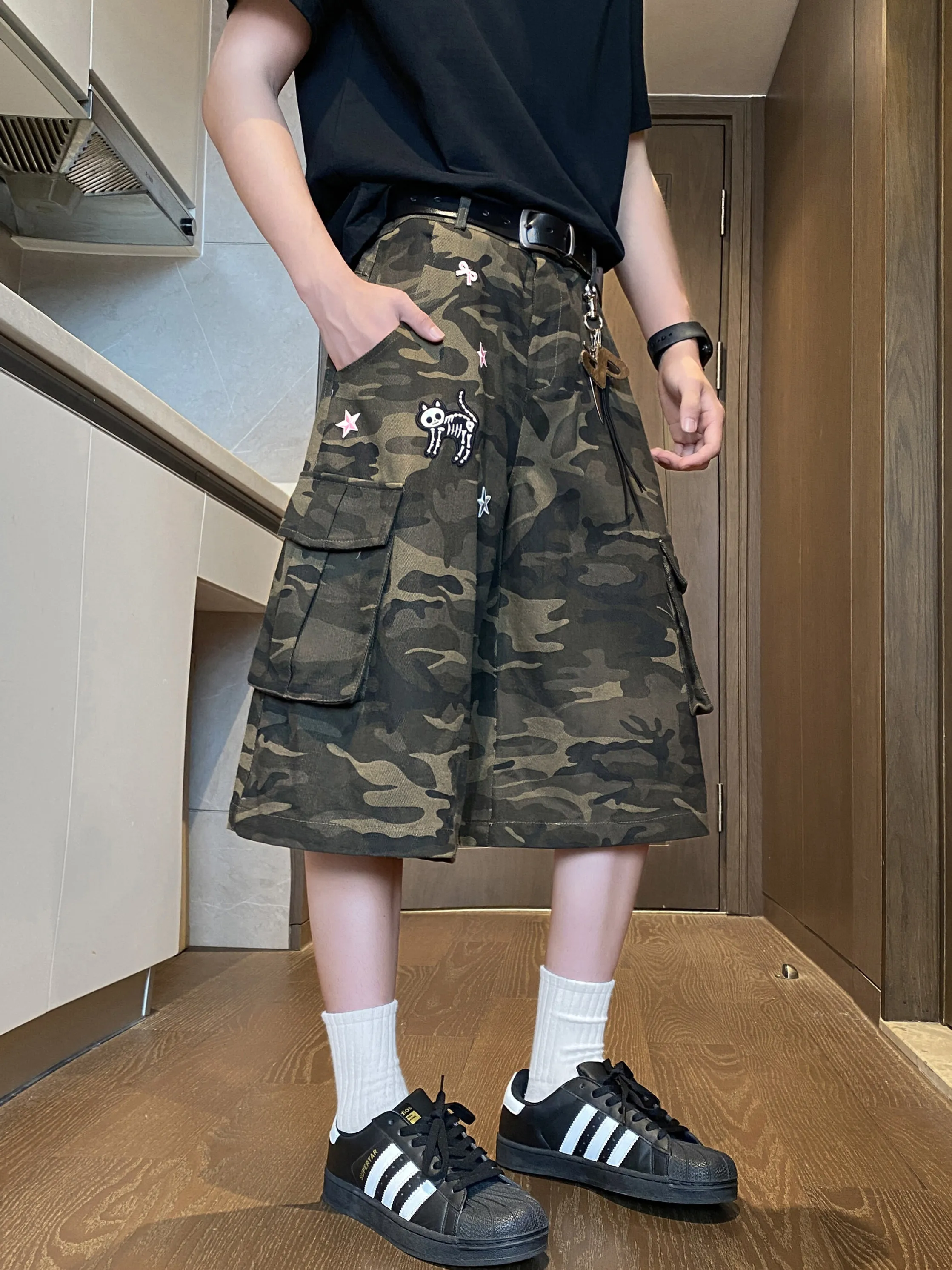 

Камуфляжная рабочая одежда Waed orts, мужские летние свободные широкие брюки средней длины в американском стиле High Street с несколькими карманами на семь футов