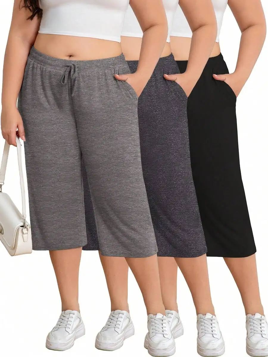 3 Pack Women's Plus Size Capris Pants, Wide Leg Loose Pants Casual Drawstring Capri Sweatpants Drawstring Pants With Pockets
