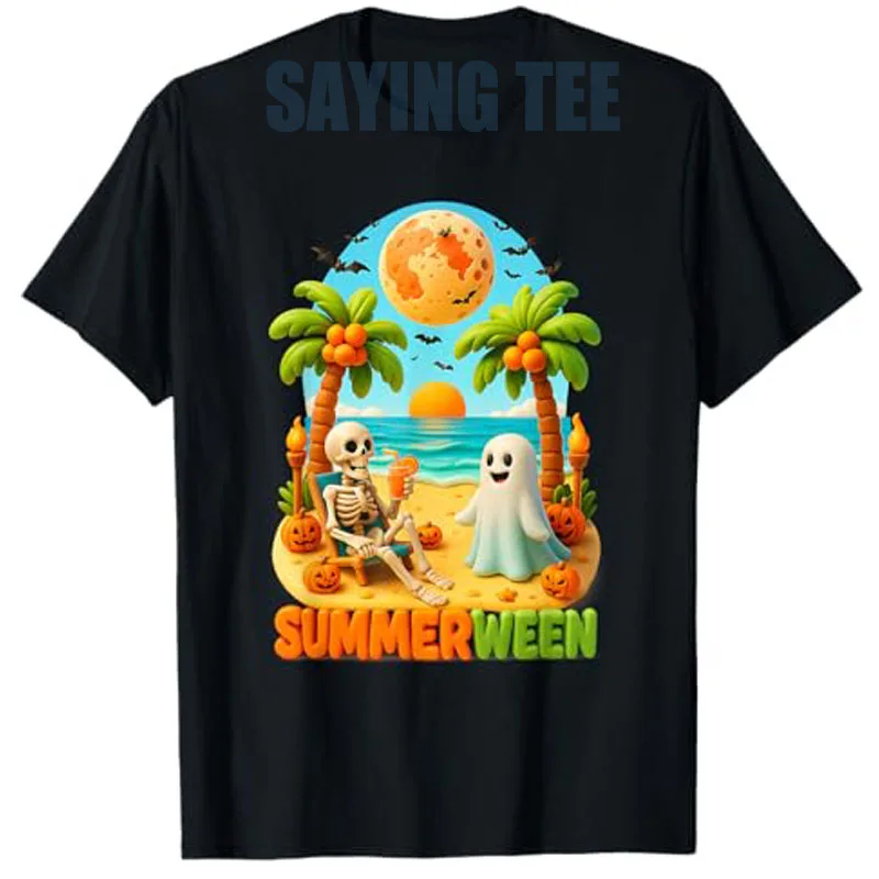 

Summer-ween Skeleton Ghost Beach Palm Halloween Summer Fashion T-Shirt Holiday Clothes Beach Lover Y2k Design Graphic Tee Outfit