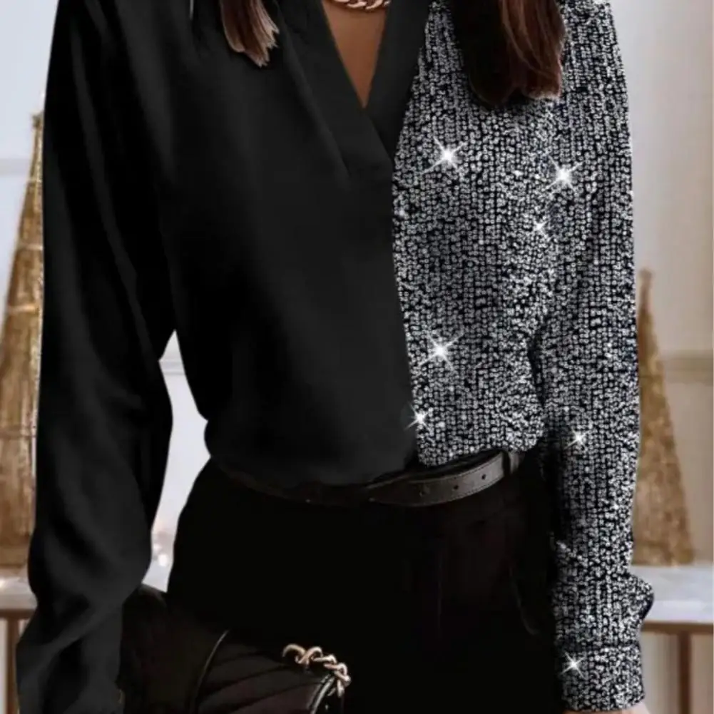 

Женская блузка с блестками, элегантная офисная блузка с V-образным вырезом и длинным рукавом