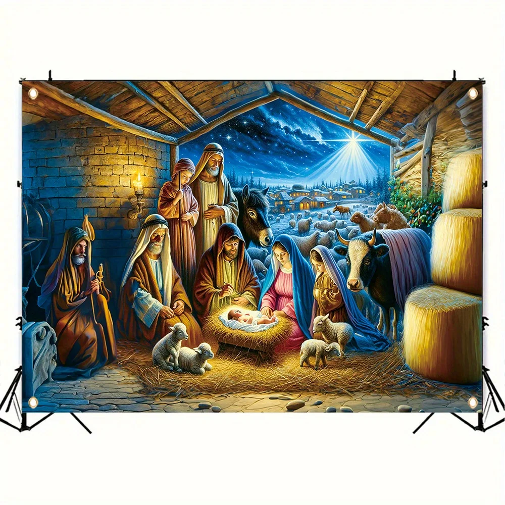 1 لافتة زخرفية لعيد الميلاد المجيد - بوليستر، ثلاثة رجال حكماء ومدني يسوع، نمط مشهد المهد، الشتاء