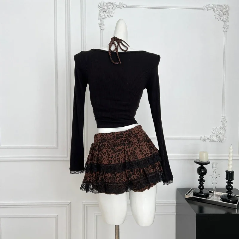 Retro Sexy Leopard Print 2 Piece Sets Woman Y2k Bow Fake Two Piece Tops + Lace Cake Skirt Female Korea Style Chic Outfits Autumn