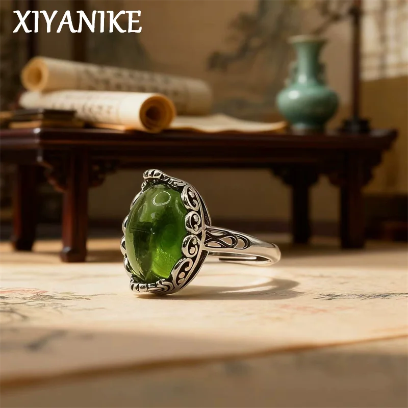 XIYANIKE Retro Ethnic Style Thai Silver Hollow Withered Vine Green Zircon Adjustable Rings For Women Fashion New Jewelry Gift