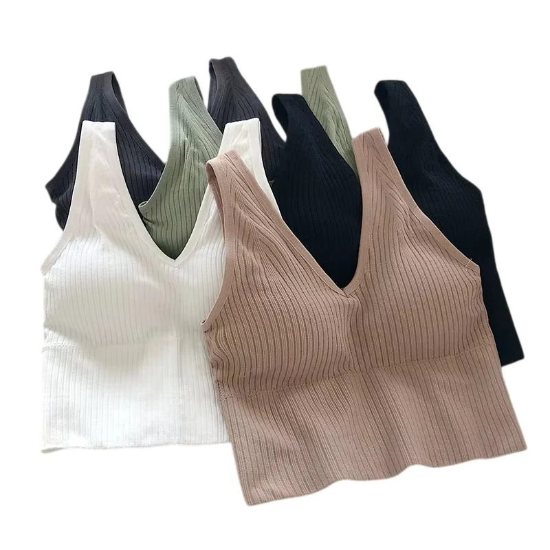 Women's Ribbed V-Neck Cami Bra Wide Straps Tanks Wireless Bra Top V-Shape Crop Top Solid Color Cropped Tee Padded Camisole