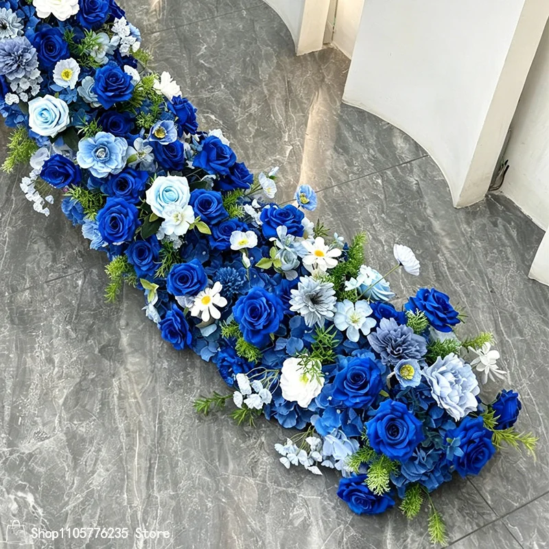 Königsblauer Kunstblumen-Tischläufer, Blumenarrangement-Ball, Hochzeits-Bodenblumenreihe, Gangdekoration, Event-Hintergrund, Dekorationszubehör – Detail 5