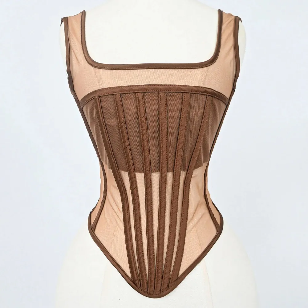 Women Summer Bustier Corset Vest OverBust Lace Up Boned Shaping Tops Bodice Transparent Mesh Waist Trainer Slim Fit Tube Tops view 2