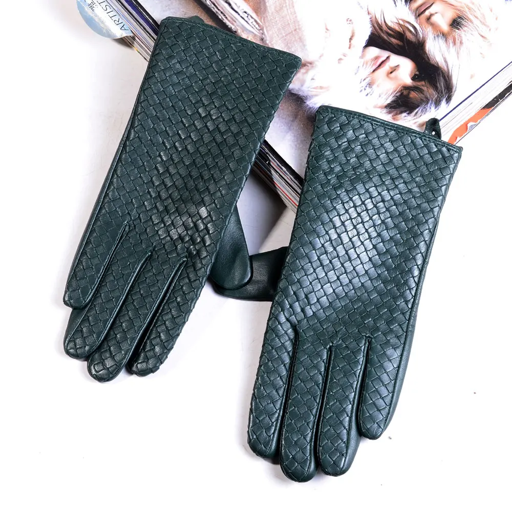 Women\'s 100% Real Leather Winter Warm Elegant Woven Design Lambskin Goatskin Classical Driving Riding Touch Screen Short Gloves