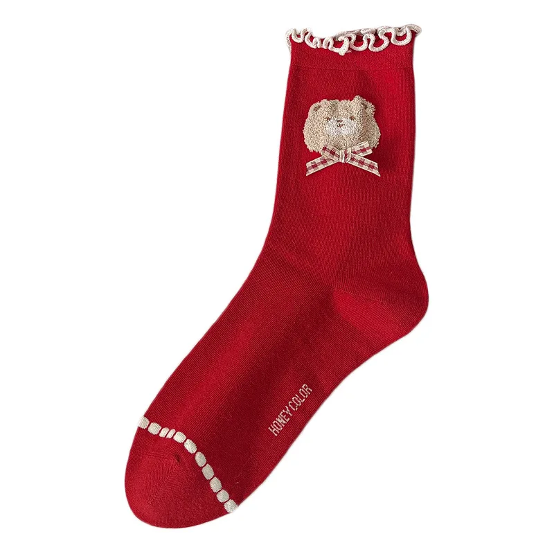 6 pares 2025 novo quente feminino vermelho branco meados de bezerro meias conjunto bonito dos desenhos animados design outono inverno meias de algodão feminino presente de ano novo