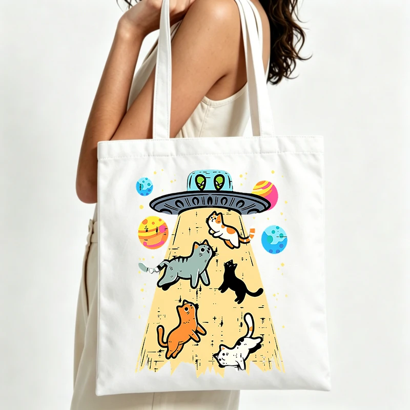 alien spaceship and cats graphic canvas tote bag, casual style for daily shopping and outings