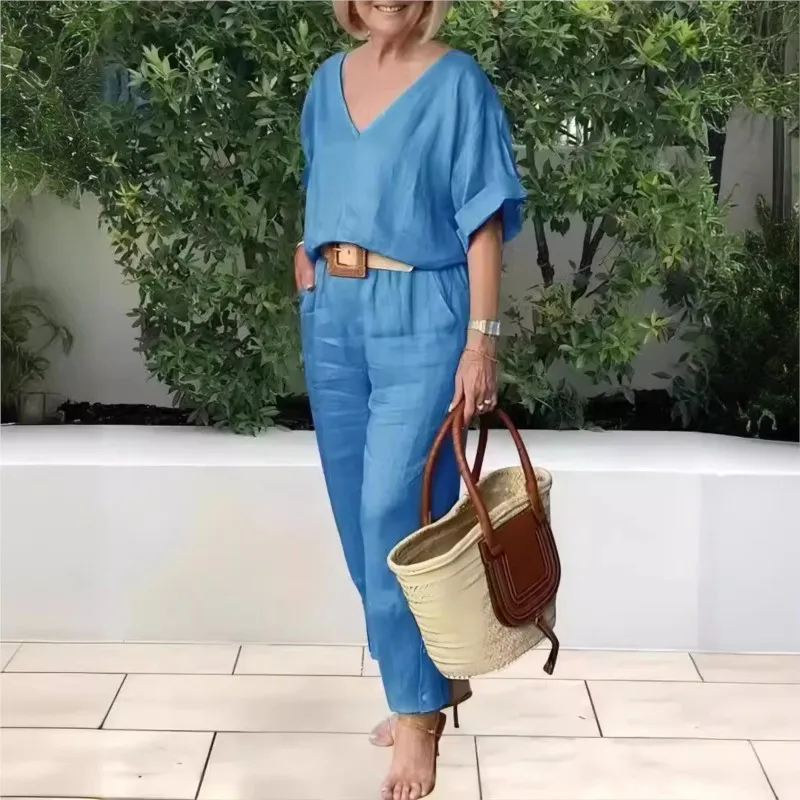 Women's Fashion Cotton And Linen Summer Sunflower Color V-neck Short Sleeved Loose Top Casual High Waisted Pocket 2-piece Set