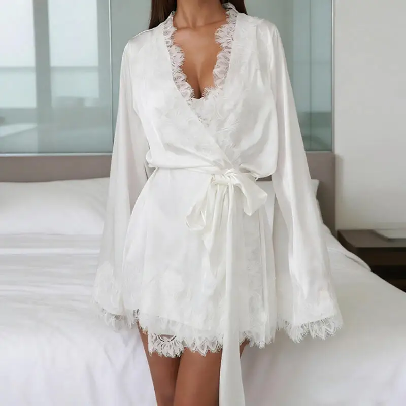 White Lace Splicing Robe Homewear Long Sleeves Satin Soft Bathrobe Solid Color Kimono Loose Gown Casual Loungewear Nightgown