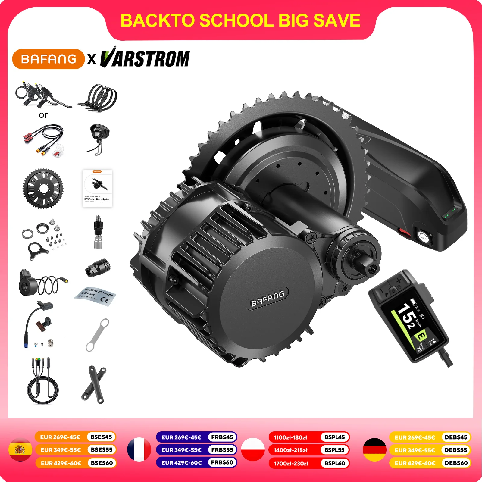 Bafang BBS02 BBSHD 48vbattery 750W 48 v1000w Mid Drive Motor conversione bicicletta elettrica con Kit batteria per BB 68-73MM 90-100MM