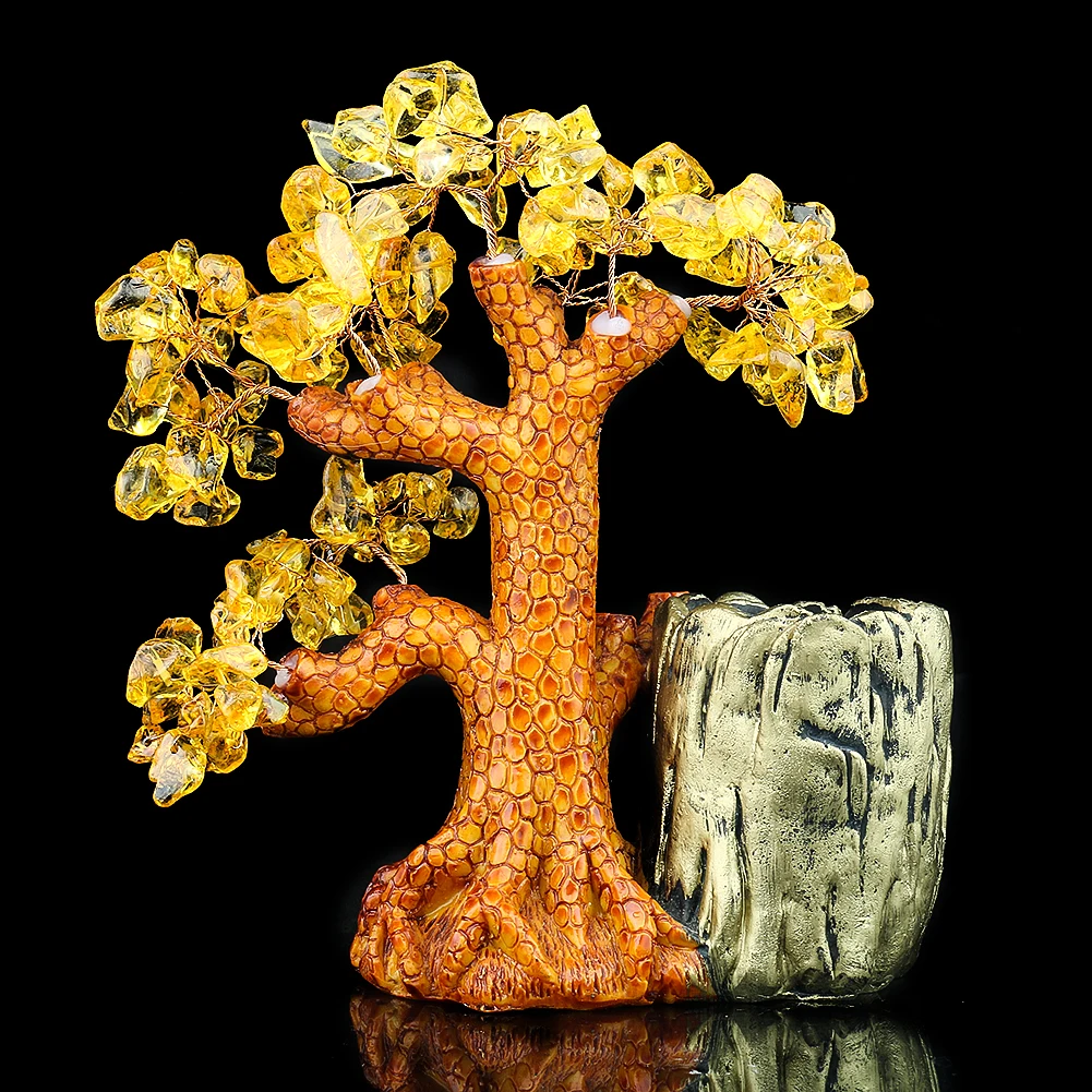 Natural Crystal Tree Brush Pot Citrine Fortune Tree Ornaments Furniture Decoration Home Tubular Penrack Study Desk Pen Container