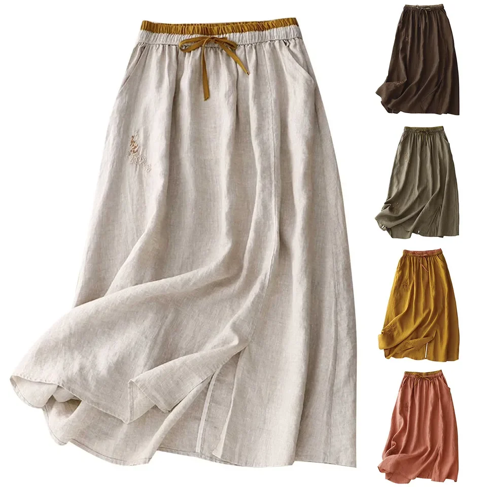 Women Fashion Cotton Linen Skirt Summer Elastic High Waist Solid Color Patchwork Long Skirt Vintage Pleated Solid Skirts