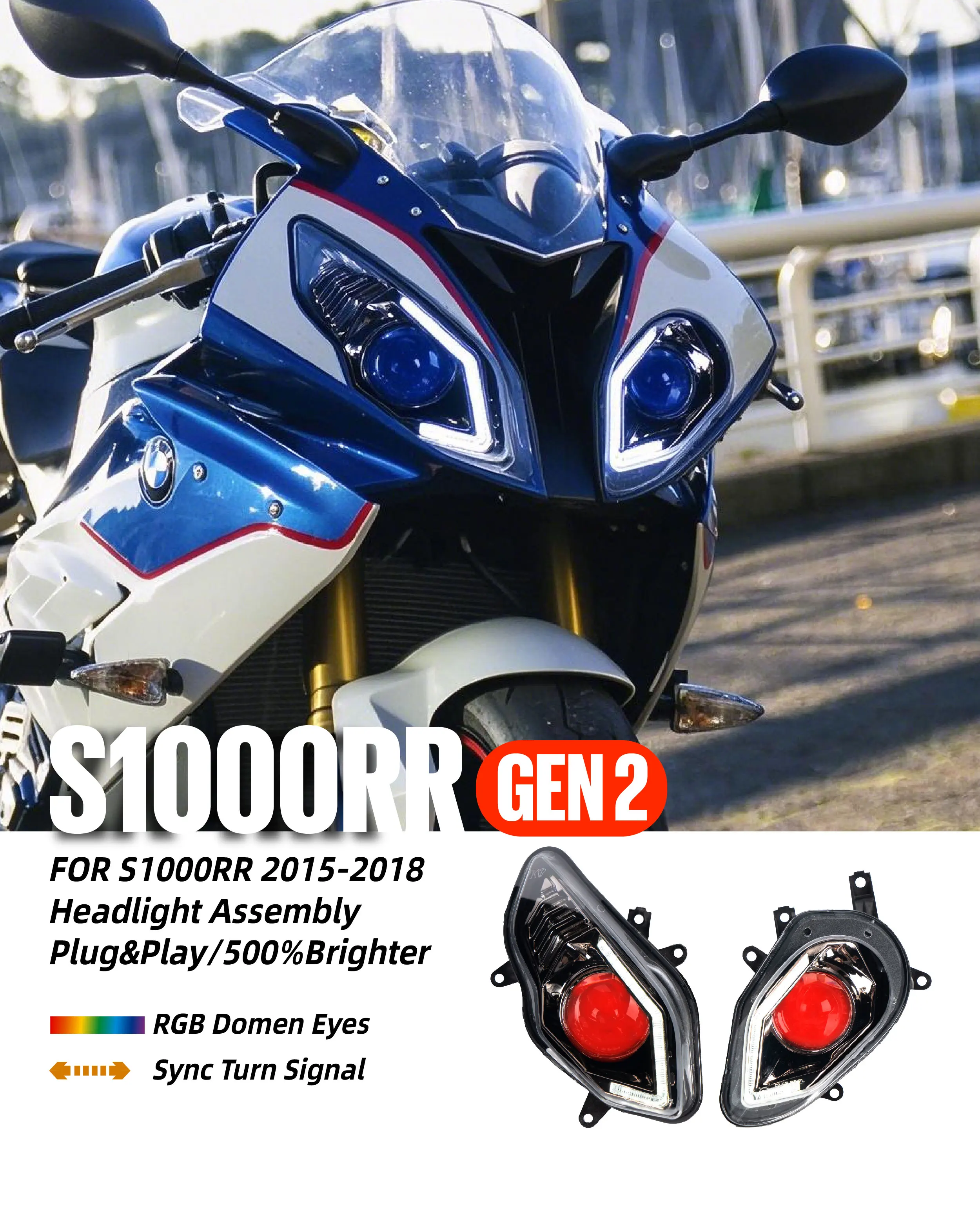 KT Motorcycle LED Front Headlight Assembly For BMW S1000RR 2015-2018 Custom Modified Headlamp RGB Multi-color Change Demon Eyes