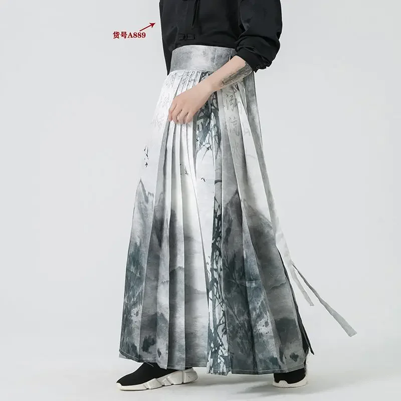 Fashion Modern Ink Painting Printed Hanfu Horse Face Skirt Men's 2024 Harajuku Loose Harem Pants Halloween Plus Size M-5XL